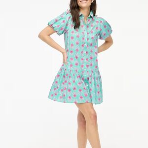 J.Crew Floral Button Down Bubble Hem Sleeves Mini Dress, Aqua Green/ Pink